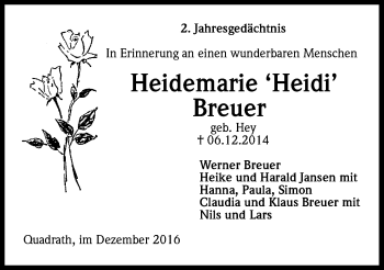 Anzeige von Heidemarie Breuer von Kölner Stadt-Anzeiger / Kölnische Rundschau / Express