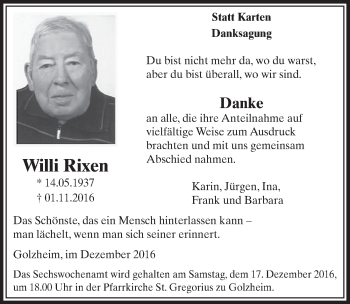 Anzeige von Willi Rixen von  Sonntags-Post 