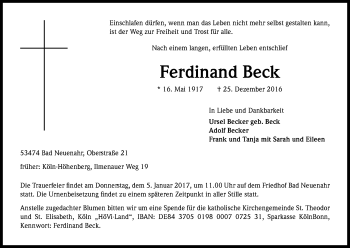 Anzeige von Ferdinand Beck von Kölner Stadt-Anzeiger / Kölnische Rundschau / Express