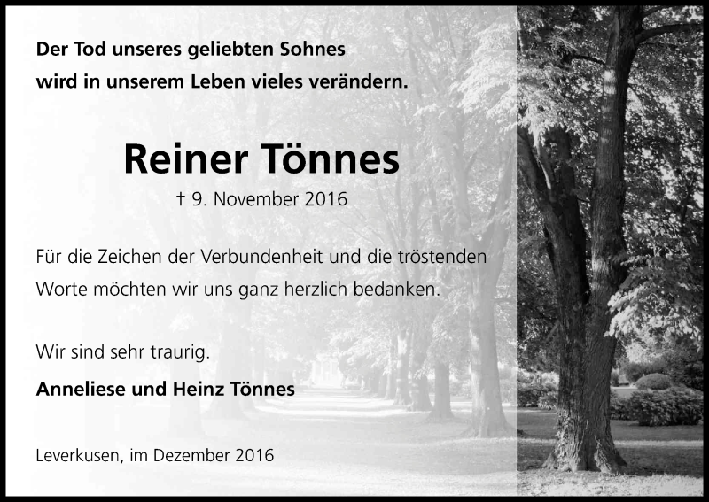  Traueranzeige für Reiner Tönnes vom 15.12.2016 aus Kölner Stadt-Anzeiger / Kölnische Rundschau / Express