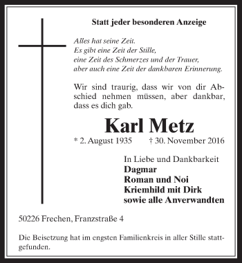 Anzeige von Karl Metz von  Wochenende 