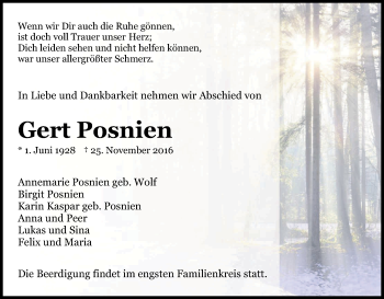 Anzeige von Gert Posnien von Kölner Stadt-Anzeiger / Kölnische Rundschau / Express
