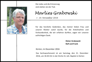 Anzeige von Marlies Grabowski von Kölner Stadt-Anzeiger / Kölnische Rundschau / Express
