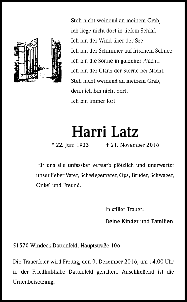  Traueranzeige für Harri Latz vom 03.12.2016 aus Kölner Stadt-Anzeiger / Kölnische Rundschau / Express