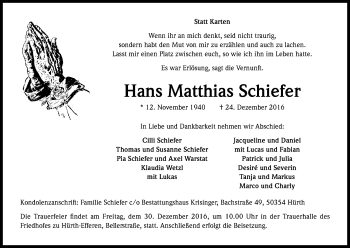 Anzeige von Hans Matthias Schiefer von Kölner Stadt-Anzeiger / Kölnische Rundschau / Express