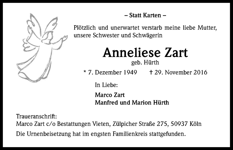  Traueranzeige für Anneliese Zart vom 31.12.2016 aus Kölner Stadt-Anzeiger / Kölnische Rundschau / Express