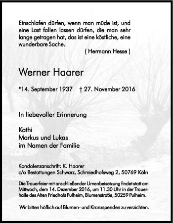 Anzeige von Werner Haarer von Kölner Stadt-Anzeiger / Kölnische Rundschau / Express