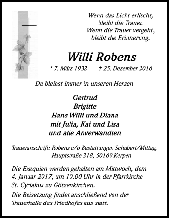 Anzeige von Willi Robens von Kölner Stadt-Anzeiger / Kölnische Rundschau / Express