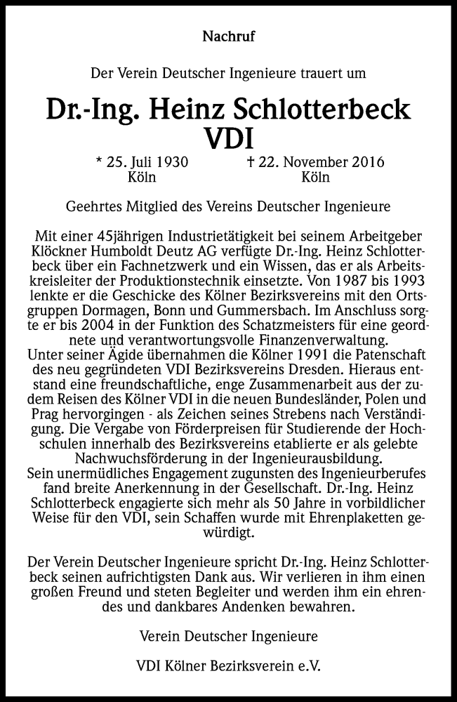  Traueranzeige für Heinz  Schlotterbeck vom 06.12.2016 aus Kölner Stadt-Anzeiger / Kölnische Rundschau / Express
