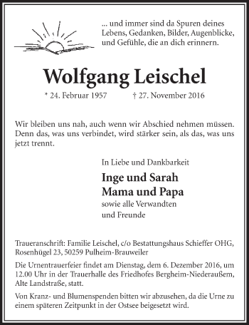 Anzeige von Wolfgang Leischel von  Sonntags-Post 