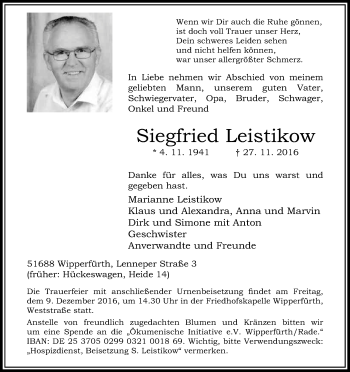 Anzeige von Siegfried Leistikow von Kölner Stadt-Anzeiger / Kölnische Rundschau / Express