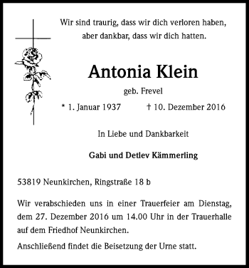 Anzeige von Antonia Klein von Kölner Stadt-Anzeiger / Kölnische Rundschau / Express