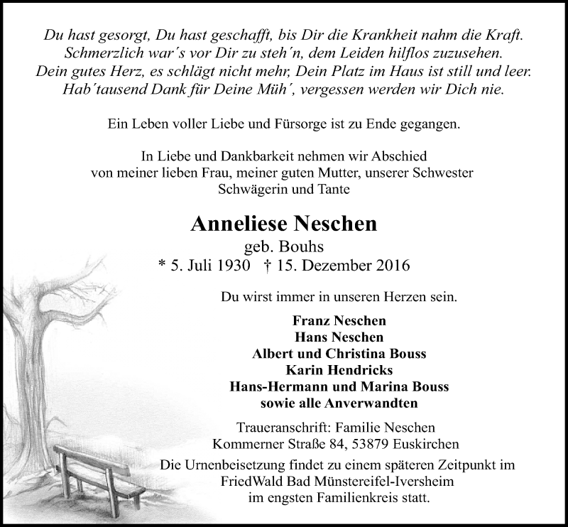  Traueranzeige für Anneliese Neschen vom 24.12.2016 aus  Blickpunkt Euskirchen 