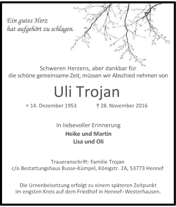 Anzeige von Uli Trojan von Kölner Stadt-Anzeiger / Kölnische Rundschau / Express