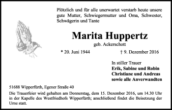 Anzeige von Marita Huppertz von Kölner Stadt-Anzeiger / Kölnische Rundschau / Express