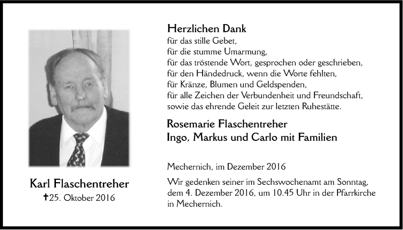  Traueranzeige für Karl Flaschentreher vom 03.12.2016 aus  Blickpunkt Euskirchen 
