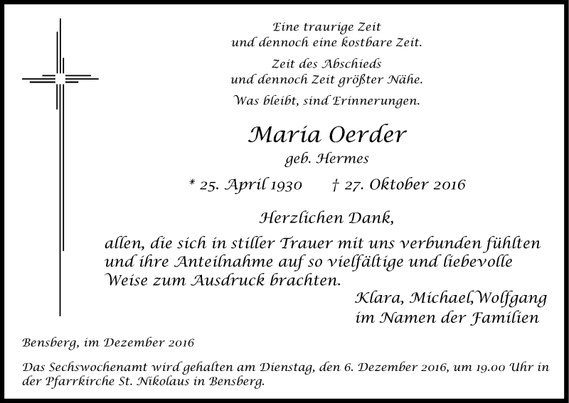  Traueranzeige für Maria Oerder vom 03.12.2016 aus Kölner Stadt-Anzeiger / Kölnische Rundschau / Express