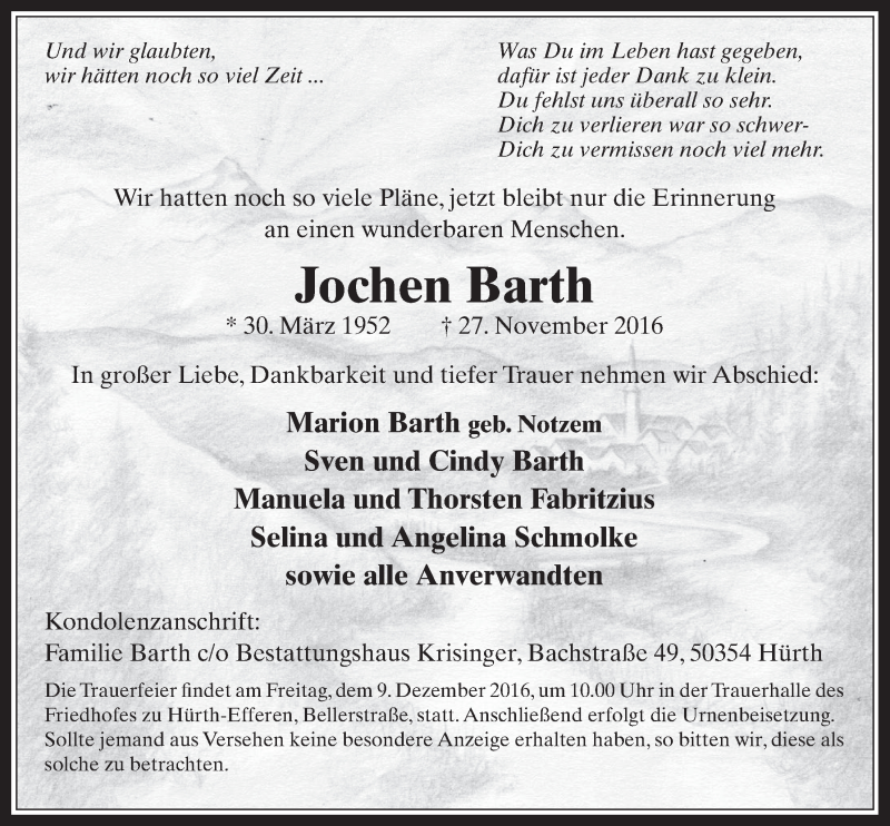 Traueranzeige für Jochen Barth vom 07.12.2016 aus  Wochenende 