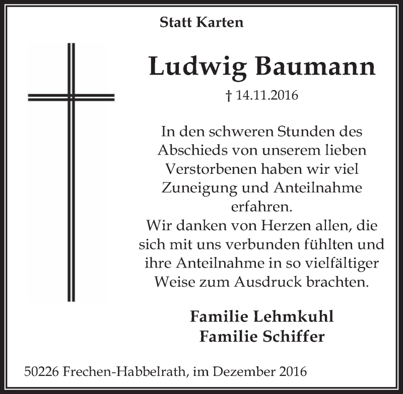 Traueranzeige für Ludwig Baumann vom 28.12.2016 aus  Wochenende 