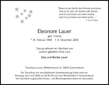 Anzeige von Eleonore Lauer von Kölner Stadt-Anzeiger / Kölnische Rundschau / Express