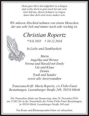 Anzeige von Christian Ropertz von  Wochenende 