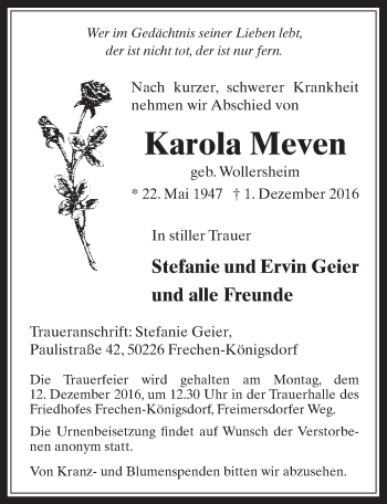 Anzeige von Karola Meven von  Wochenende 