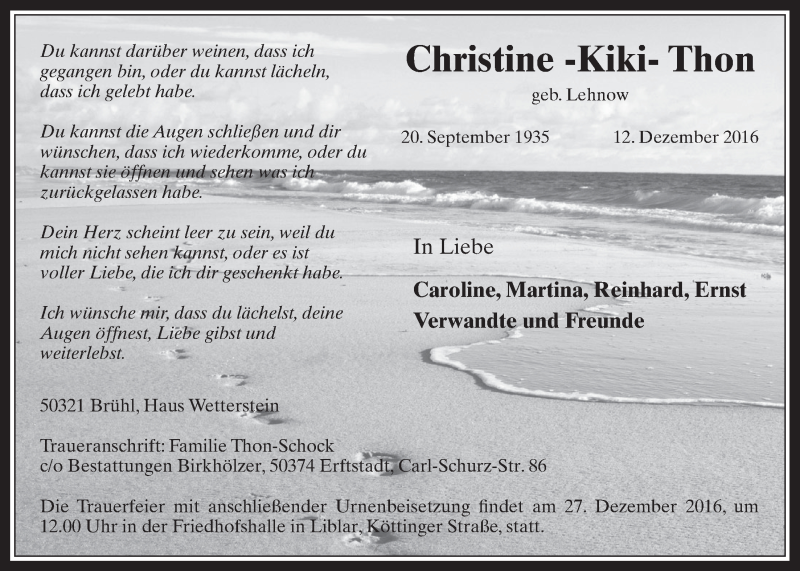 Traueranzeige für Christine Thon vom 21.12.2016 aus  Werbepost 