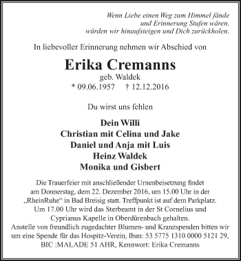 Anzeige von Erika Cremanns von  Rhein-Sieg-Wochenende 