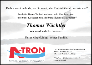 Anzeige von Thomas Wächtler von Kölner Stadt-Anzeiger / Kölnische Rundschau / Express