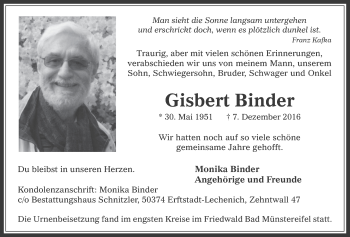 Anzeige von Gisbert Binder von  Werbepost 