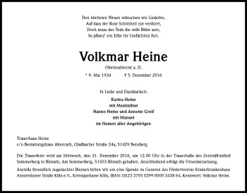 Anzeige von Volkmar Heine von Kölner Stadt-Anzeiger / Kölnische Rundschau / Express