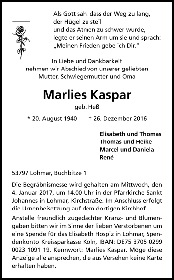 Anzeige von Marlies Kaspar von Kölner Stadt-Anzeiger / Kölnische Rundschau / Express