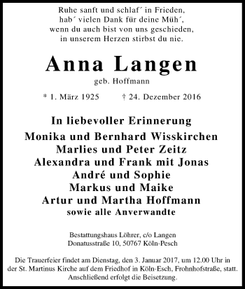 Anzeige von Anna Langen von Kölner Stadt-Anzeiger / Kölnische Rundschau / Express