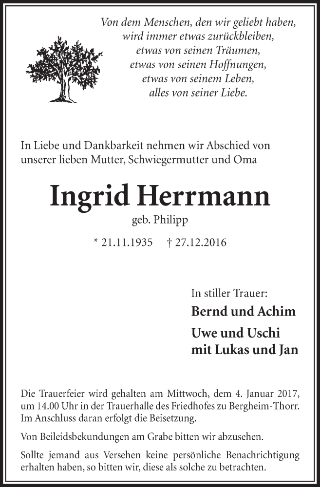  Traueranzeige für Ingrid Herrmann vom 31.12.2016 aus  Sonntags-Post 