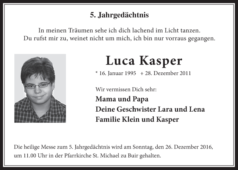  Traueranzeige für Luca Kasper vom 21.12.2016 aus  Werbepost 