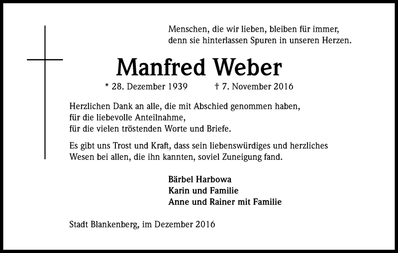  Traueranzeige für Manfred Weber vom 03.12.2016 aus Kölner Stadt-Anzeiger / Kölnische Rundschau / Express