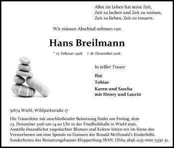 Anzeige von Hans Breilmann von Kölner Stadt-Anzeiger / Kölnische Rundschau / Express