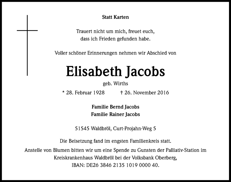  Traueranzeige für Elisabeth Jacobs vom 07.12.2016 aus  Lokalanzeiger 