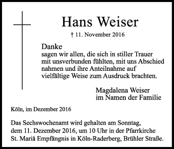 Anzeige von Hans Weiser von Kölner Stadt-Anzeiger / Kölnische Rundschau / Express