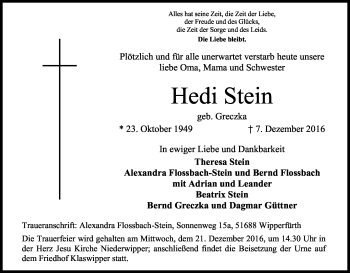 Anzeige von Hedi Stein von Kölner Stadt-Anzeiger / Kölnische Rundschau / Express