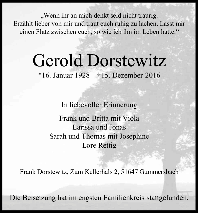  Traueranzeige für Gerold Dorstewitz vom 23.12.2016 aus Kölner Stadt-Anzeiger / Kölnische Rundschau / Express