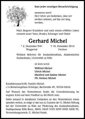 Anzeige von Gerhard Michel von Kölner Stadt-Anzeiger / Kölnische Rundschau / Express