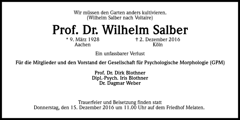  Traueranzeige für Wilhelm Salber vom 10.12.2016 aus Kölner Stadt-Anzeiger / Kölnische Rundschau / Express
