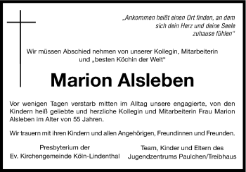 Anzeige von Marion Alsleben von Kölner Stadt-Anzeiger / Kölnische Rundschau / Express