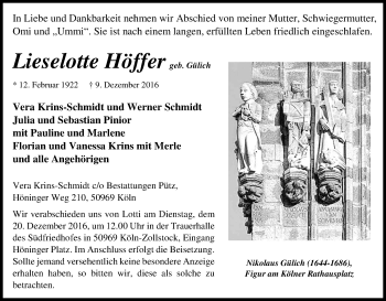 Anzeige von Lieselotte Höffer von Kölner Stadt-Anzeiger / Kölnische Rundschau / Express