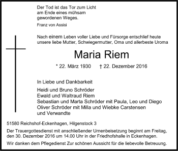Anzeige von Maria Riem von Kölner Stadt-Anzeiger / Kölnische Rundschau / Express
