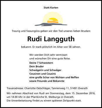 Anzeige von Rudi Langguth von Kölner Stadt-Anzeiger / Kölnische Rundschau / Express