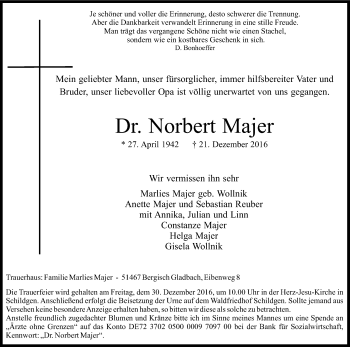 Anzeige von Norbert Majer von Kölner Stadt-Anzeiger / Kölnische Rundschau / Express