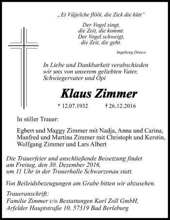 Anzeige von Klaus Zimmer von Kölner Stadt-Anzeiger / Kölnische Rundschau / Express