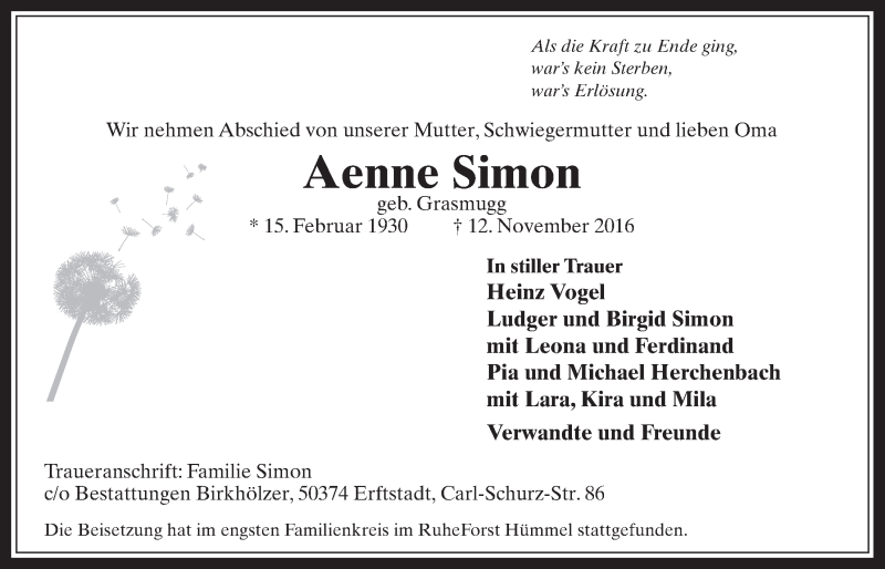  Traueranzeige für Aenne Simon vom 07.12.2016 aus  Werbepost 